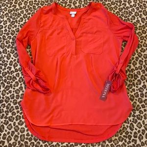 Size M Orange Blouse with Tabbed Long Sleeves
